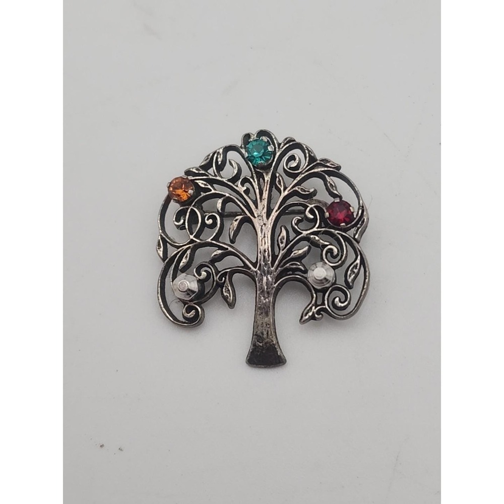 Anson‎ 925 Sterling Silver Tree of Life Brooch with Multicolored Rhinestones